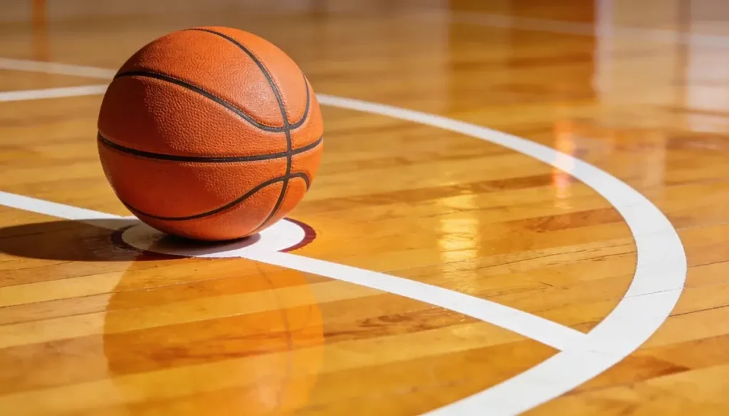 Basketbalový míč na palubovce vedle basketbalového koše