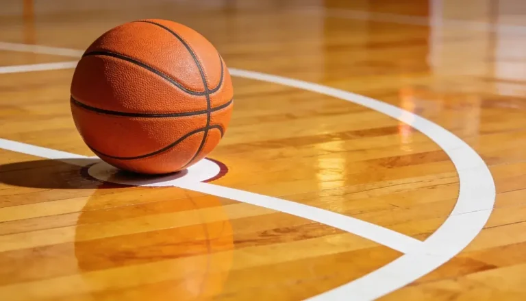 Basketbalový míč na palubovce vedle basketbalového koše