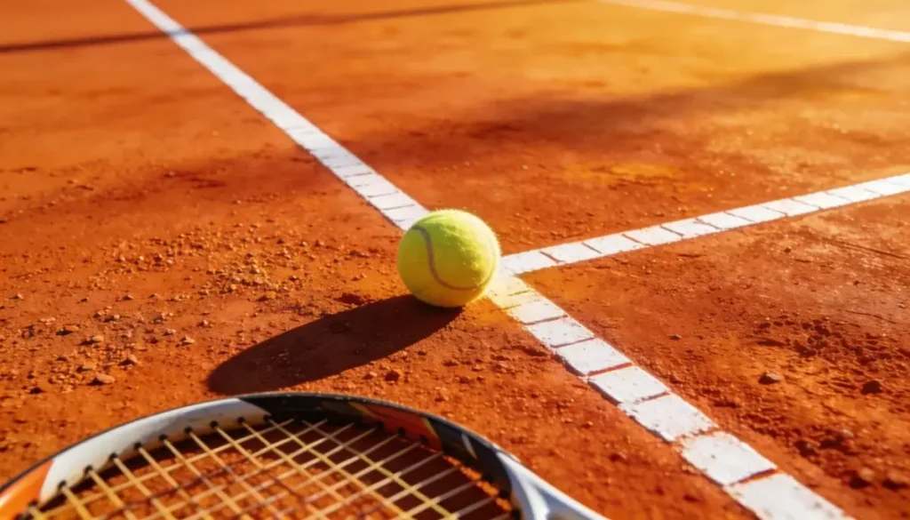 Tenisový kurt s raketou a míčkem na antuce
