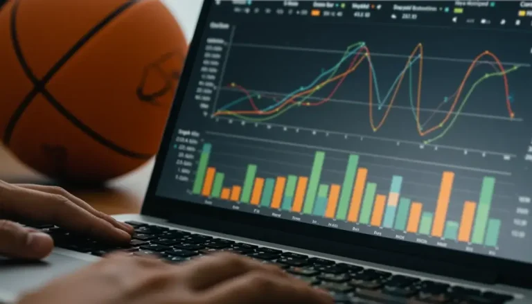 Detailní záběr na sportovní statistiky a grafy na obrazovce notebooku